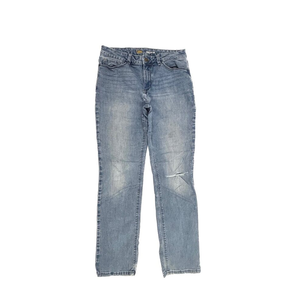 Lee Jeans Women 10 Medium Blue Straight Leg Perfect Fit‎ Distressed Denim